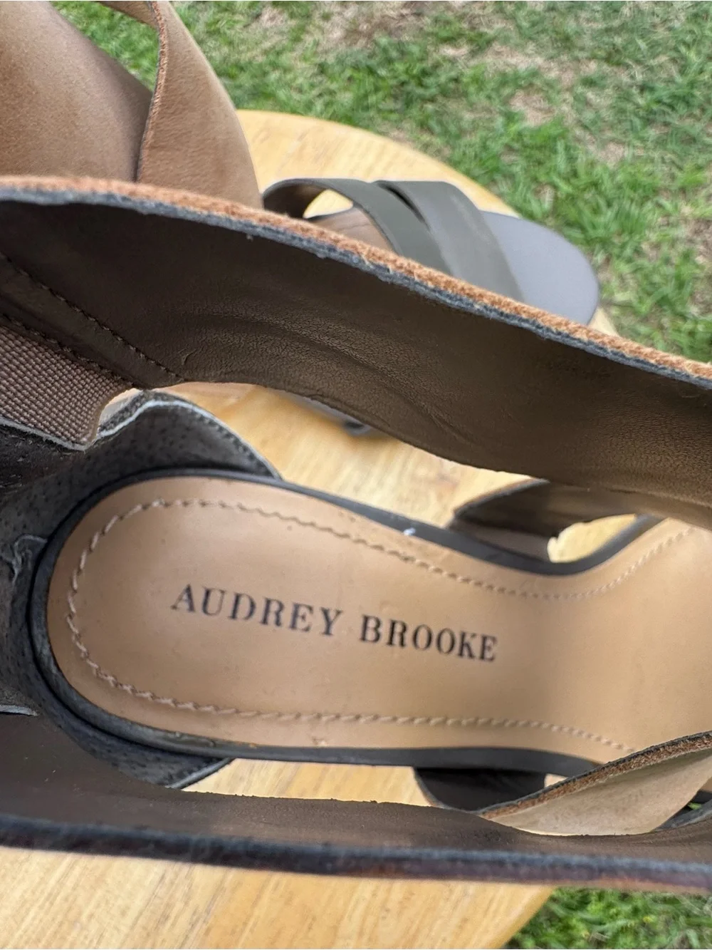 Ladies Audrey Brooke Taupe and Beige Crisscross Block Heel Sandals